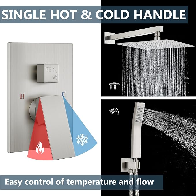 Aolemi Shower Faucet Set Rain Shower System with Handheld Spray Bathroom Shower Combo Rough-in Valve and Shower Trim Kit Included Brushed Nickel 16 Inch Wall Mount Shower Head