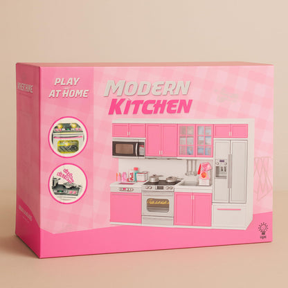 Doll Kitchen Playset for Kids, My Modern Mini Kitchen House Furniture Pretend Play Toy Accessories Set with Realistic Lights & Sounds for Toddlers, Girls (4-in-1)