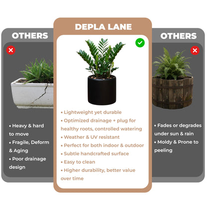 DEPLA LANE Lumero Fiberstone Cylinder Planter (12.0" Pot Opening x 13.8" D x 13.8" H) Smooth Finishes, Lightweight, Durable, UV Resistant, Modern Minimalist Decor, Indoor Outdoor Plant Pot (L, Black)