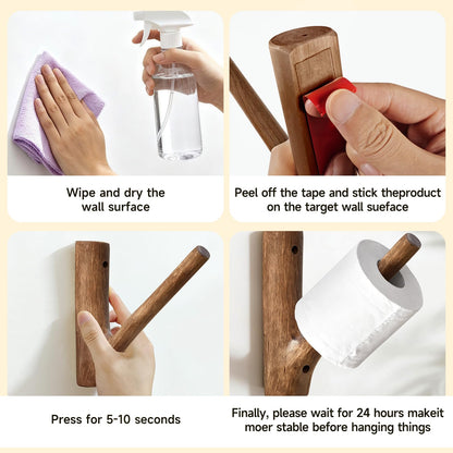 Wooden Toilet Paper Holder Wall Mount - Self-Adhesive Bathroom Tissue Holder, Retro Bohemian Farmhouse Style, No Drilling for Small Spaces Bathrooms RVs and More - Walnut Color