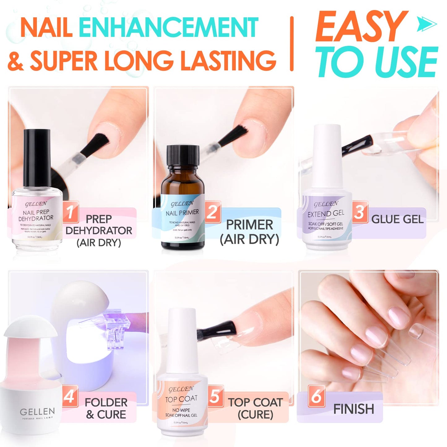 Gellen Gel Tips Nail Extension Kit, Gel Nail Kit with 240Pcs Almond Tips, 3 in 1 UV Glue for Nail Tips, Prep Dehydrator and Primer, U V LED Cure Lamp, Decorations for DIY Manicure Set