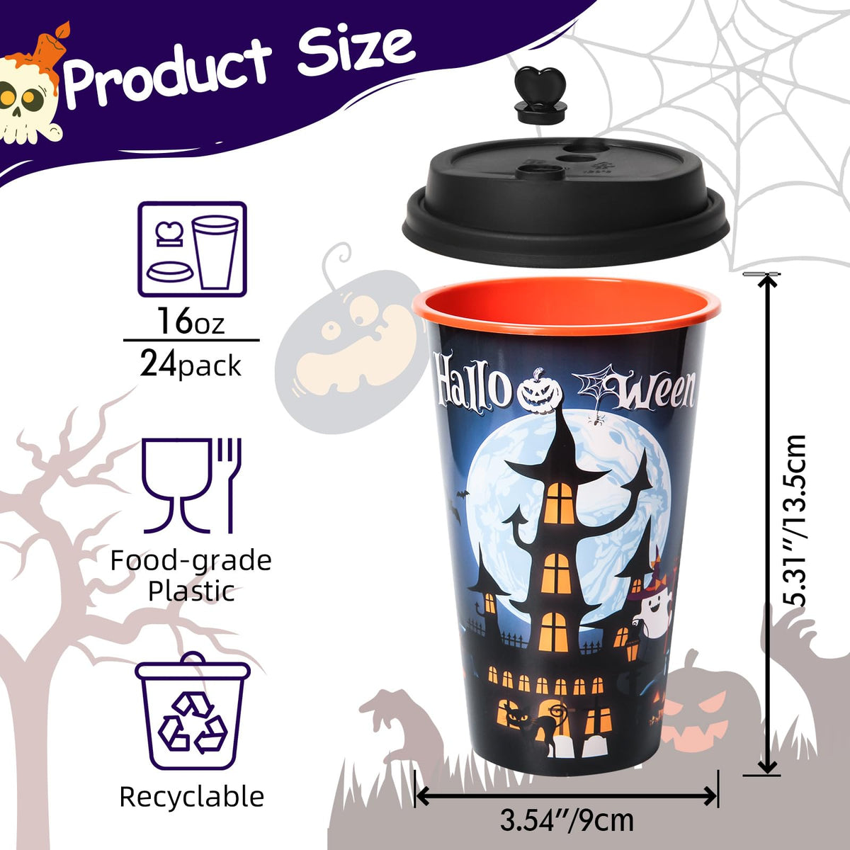 FZR Legend 24 Pack Halloween Party Favors Goodie Cups - Bats, Ghost, Cats, Pumpkin, Witch, Spider Patterns - 16OZ Reusable Plastic Cups With Lids and Plugs for Party Decorations