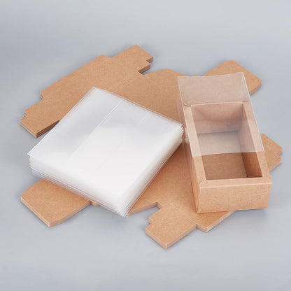 BENECREAT 12 Pack 7x5x1.5 Inch Brown Rectangle Drawer Kraft Boxes with PVC Plastic Window for Party Favor Treats, Candy and Jewelry Crafts