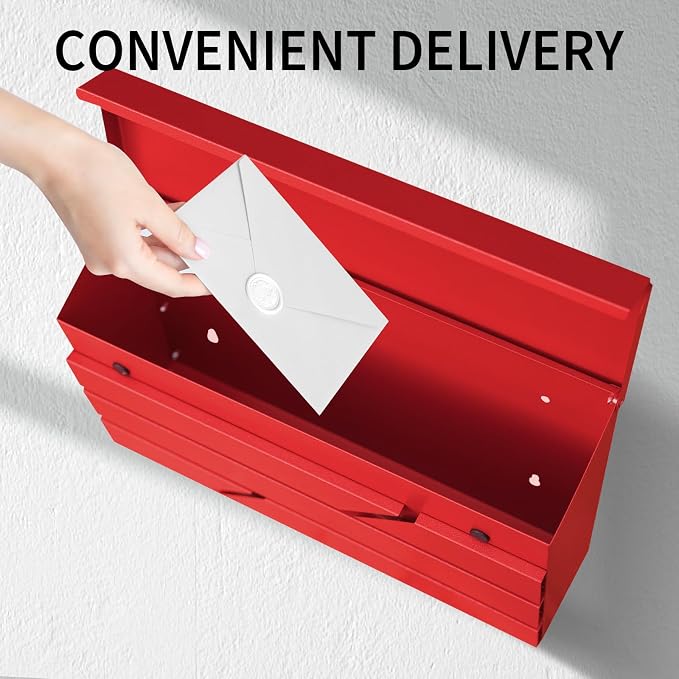 Wall Mount Mailbox for House Outside, Large Capacity Mailbox Drop Box, Galvanized Steel and Rust-Proof Metal Post Box, 15.74"x9.84"x4.33", Red