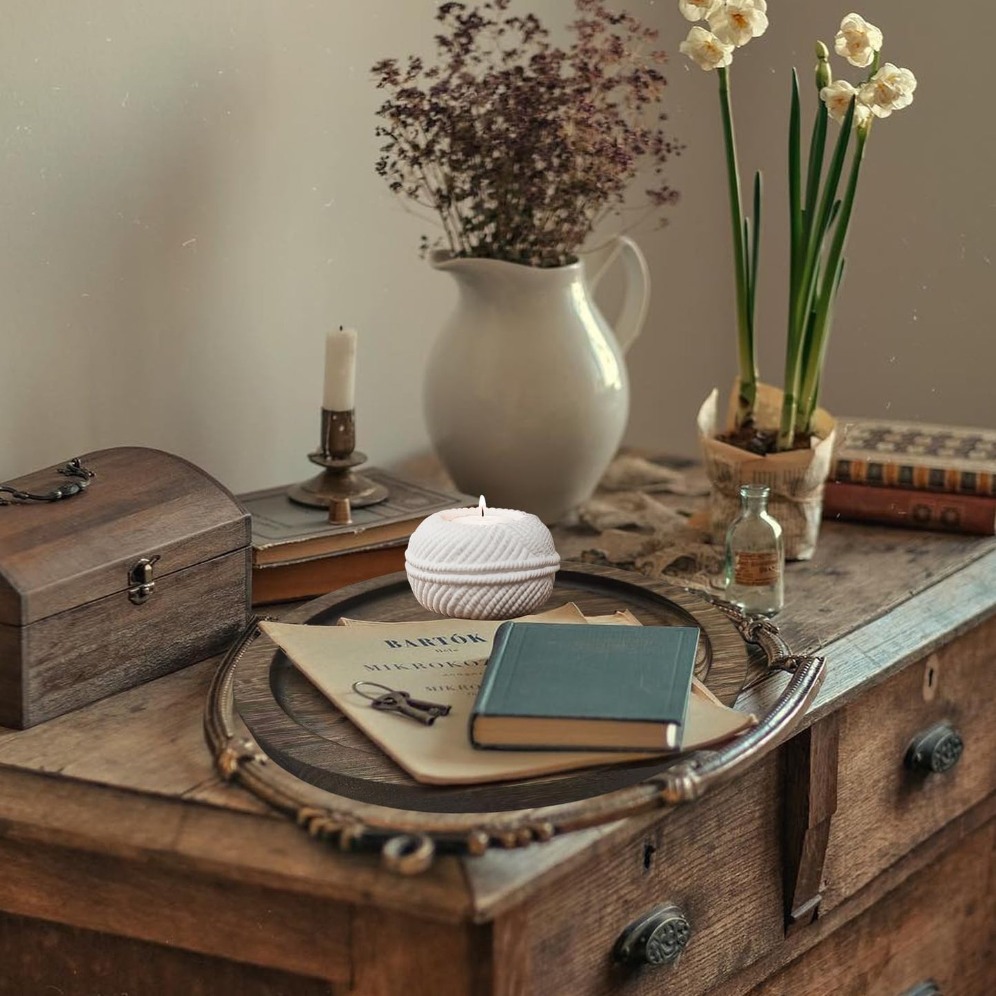 Ailhl Candle Plate Holder Tray: Round Wooden Decorative Candle Plate Small Farmhouse Table Centerpiece Rustic White Wood Tealight Pillar Trays for Home Decor (Distressed)