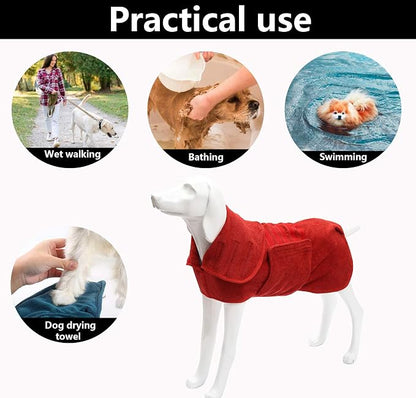 Geyecete Dog Drying Coat - Fast Drying Bathrobe Towel - Microfibre Super Absorbent Pet Cat Bath Robe - Red - M