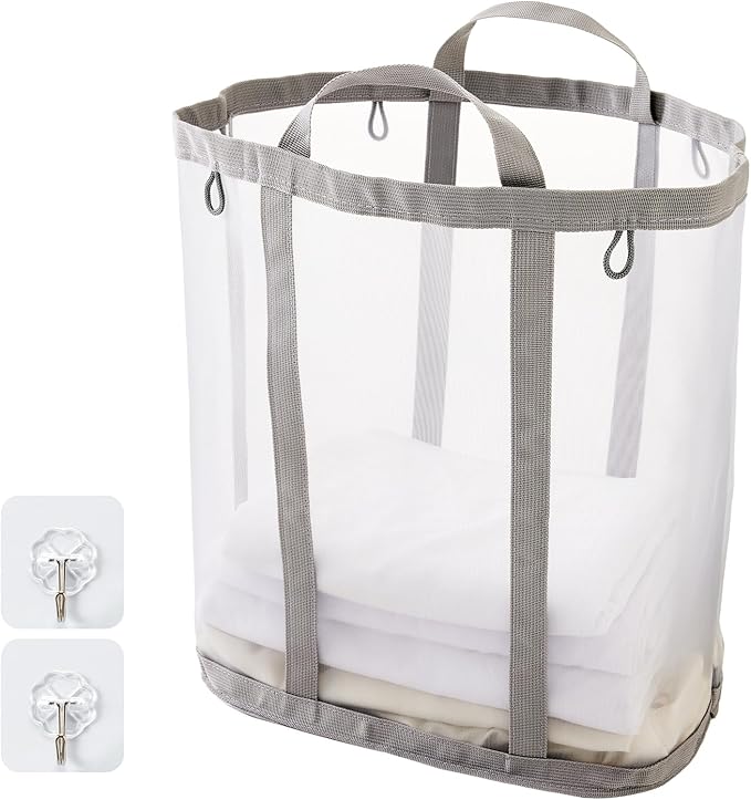 Mesh Laundry bag with Handles, 42L Collapsible Laundry Basket with 2 Hooks