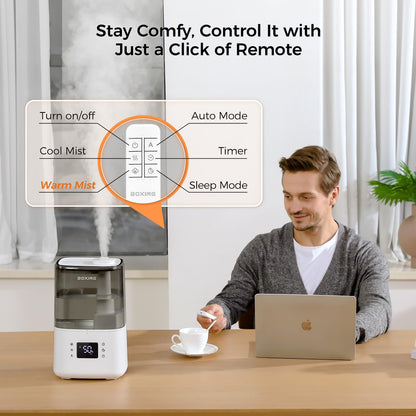 BOXING 4.5L Warm and Cool Mist Ultrasonic Humidifier for Bedroom Large Room, Top Fill Essential Oil Diffuser with Remote, Auto Shut-Off Quiet Sleep Mode, Humidistat, Timer, BPA-Free, 45H Runtime