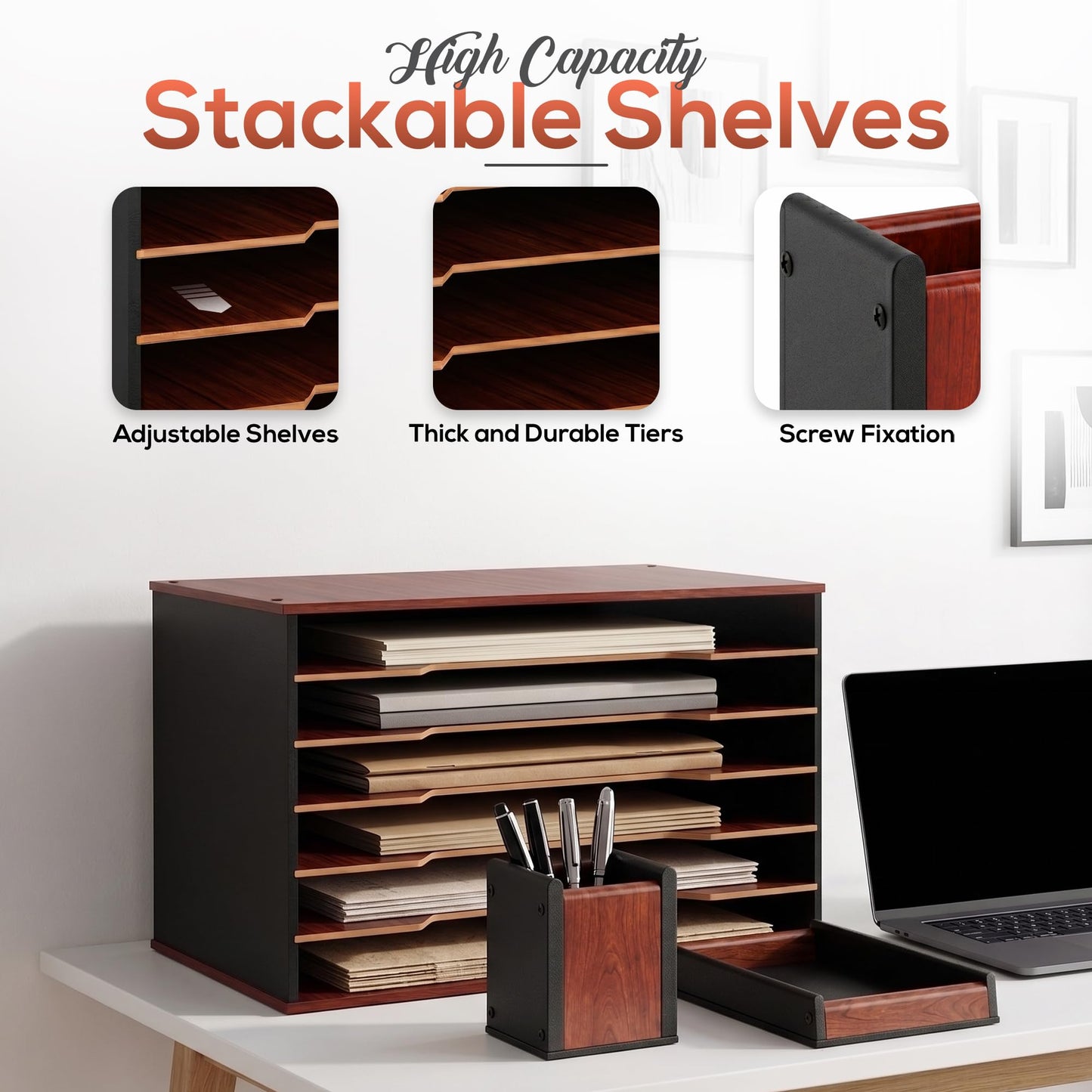 DL Davis lorence Wooden Paper Organizer 20.25"W x 12.25"H x 13.25"D, 6-Tier Storage for 12"x18" & 11"x17" Sheets, Includes Matching Pen Holder & Tray, Ideal for Office, Home, Art Room and Classroom