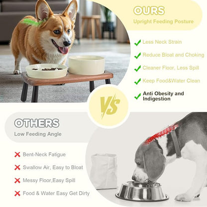 SPUNKYJUNKY Ceramic Elevated Dog Bowls with Slow Feeder Raised with Acacia Bamboo Wooden Stand, 6.1'' Dog and Cat Food Water Bowls Set Non-Slip for Small Medium Sized Breed - Beige