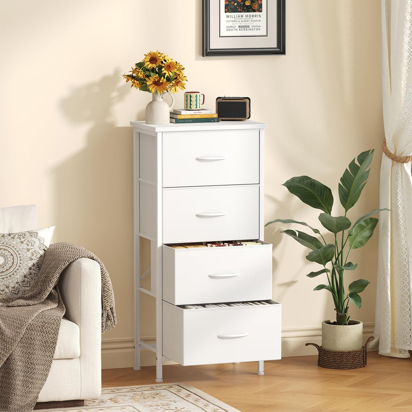 Sweetcrispy 4 Fabric Drawer Small Dresser, Bedside Nightstand with Wooden Top Sturdy Frame, Entryway Closet Bedroom Storage Cabinet Furniture for Dorm,White