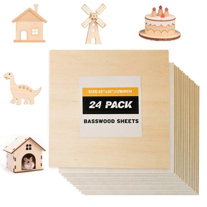 Basswood Sheets 12x12 in, 1/8 Inch Thick 24 Pack Unfinished Square Wood Boards for Laser Cutting, Wood Burning, Engraving, Painting, DIY Crafts, Model Making, CNC, and Architectural Projects