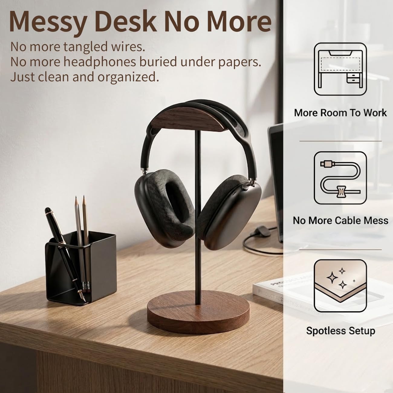 Bliocefo Headphone Holder Stand for Desk, Wood and Metal Headset Hanger Mount Hook Gaming Holder Desktop Earphone Artful Functional Craftsmanship Stand for All Headsets with Solid Wooden Base
