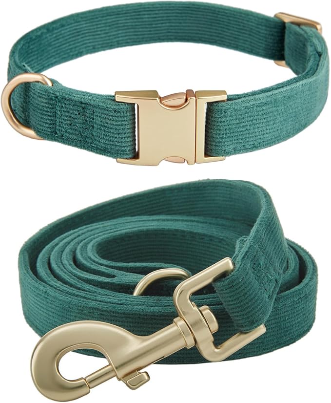 Soft Corduroy Dog Collar and Leash Set Adjustable Durable Dog Collars with Metal Buckle and Lead for Large Dogs,Dark Green
