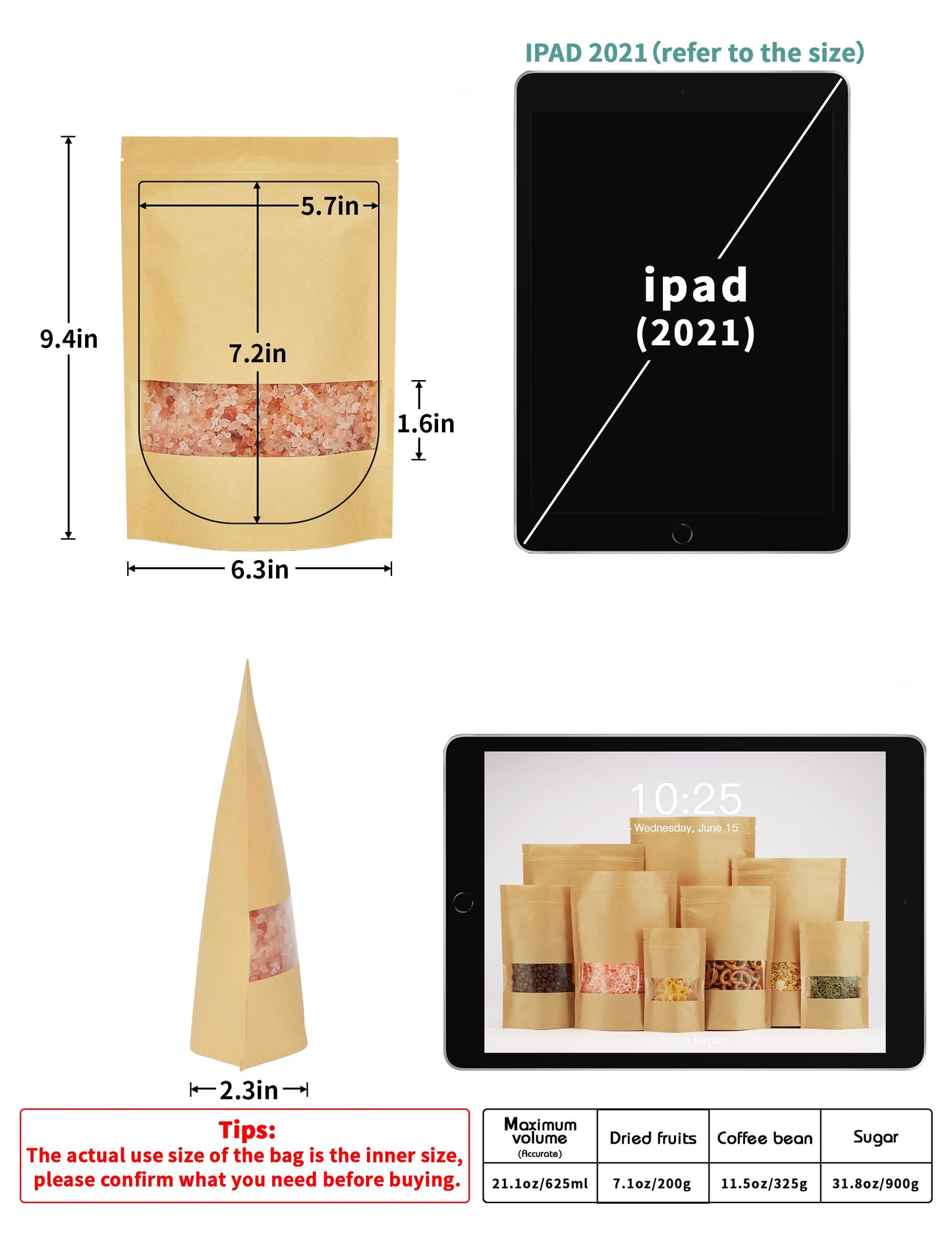 FireKylin 100 Pcs Brown Paper Bags with Window, 7.9" x 11.8" Stand Up Pouches Bags, Zipper Food Storage Bags for Packaging Products, Reusable, Sealable