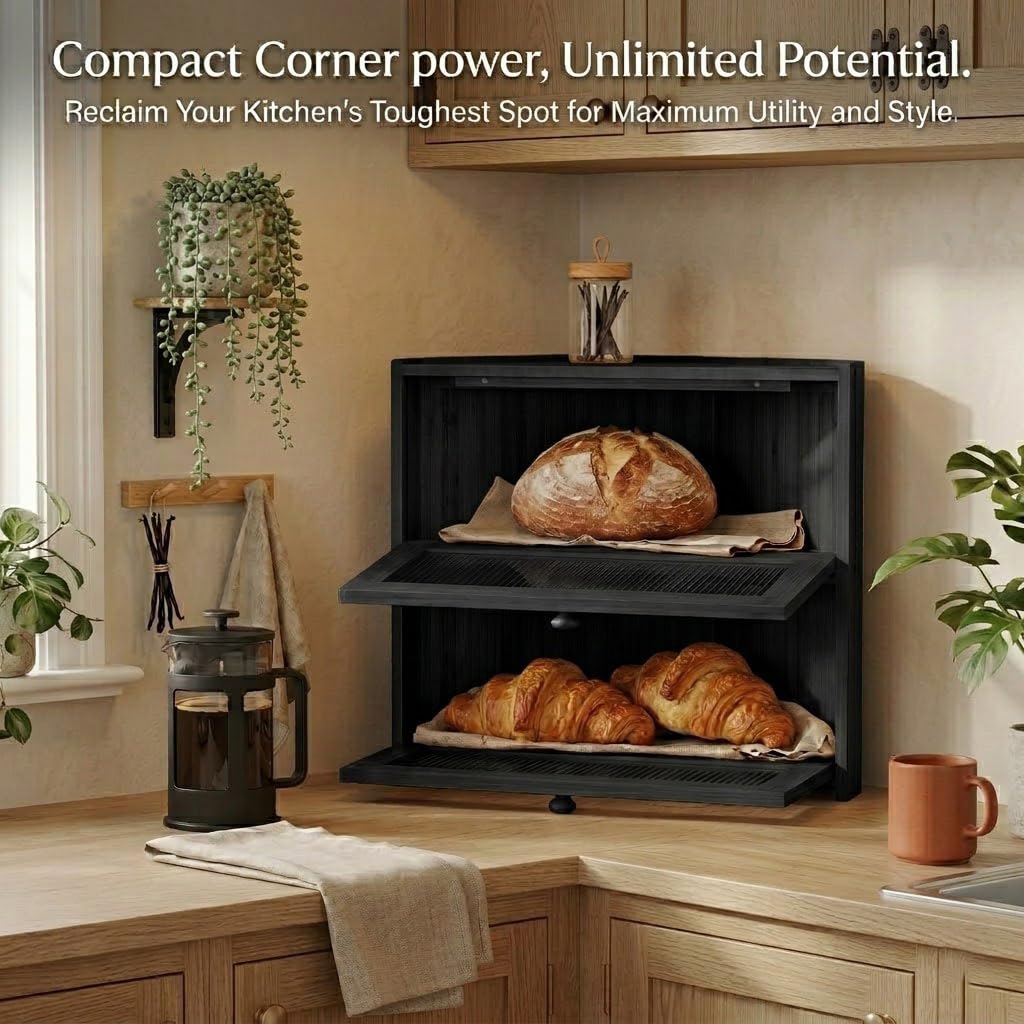 Plusinthebox Black Corner Bread Box,2 Tier Bamboo Bread Box for Kitchen Countertop,Wooden Bread Storage Container and Space-Saving Bread Keeper for Homemade Bread,Bagels and Rolls