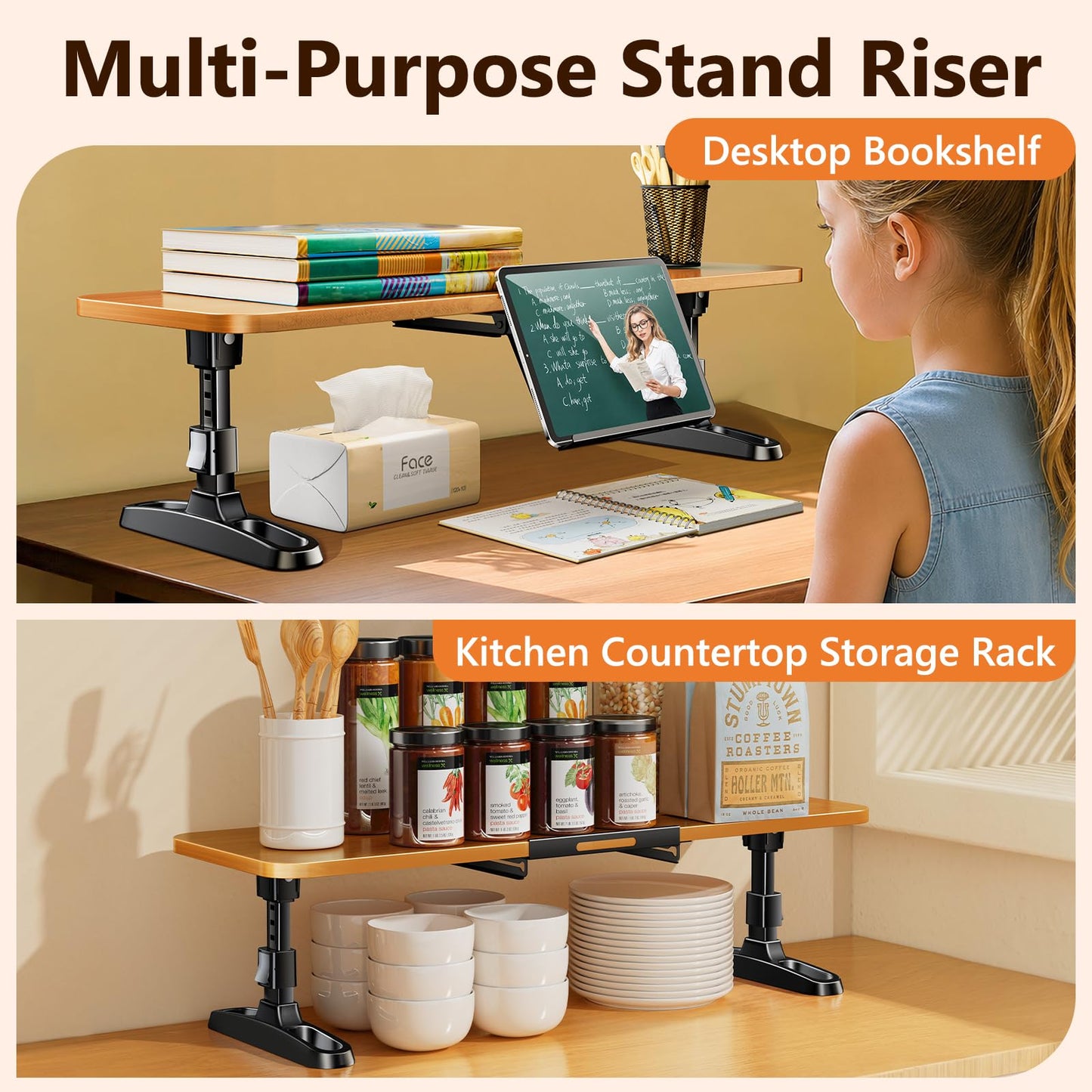 nediea Wooden Monitor Stand Riser with Height Adjustable Button, Ergonomic Computer & Laptop Stand with Hidden Tablet Holder, Keyboard Storage & Desktop Organizer for Home Office Kitchen