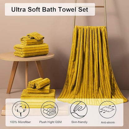 4 Pcs Yellow Cabana Stripe Large Bath Towels 35"x70" Oversized Bath Sheet Super