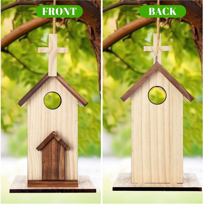 Leinuosen 2 Pcs Birdhouse Outdoor Hanging Wooden Church Birdhouse Cross Design 12" H Small Bird Houses Religious Bluebird Hummingbird Nesting Boxes for Outside Spring Easter Baptisms Garden Decoration