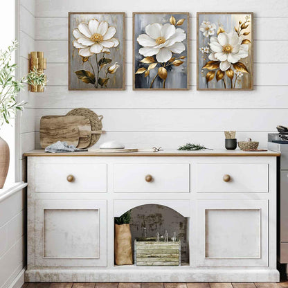 3Pcs White Flower Gold Leaf Canvas Wall Art Modern Plants Flowers Painting Decor Pictures Neutral Floral Bloom Posters Prints for Office Living Room Bathroom Bedroom Decoration No Frames