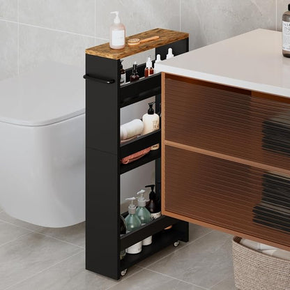MARTY Rolling Storage Cart 4-Tier Black Kitchen Cart with Wheels, Slim Storage Cart with Handle Slide Out Utility Cart Shelving Unit Organizer Trolley for Laundry Narrow Places Bathroom Small Corner