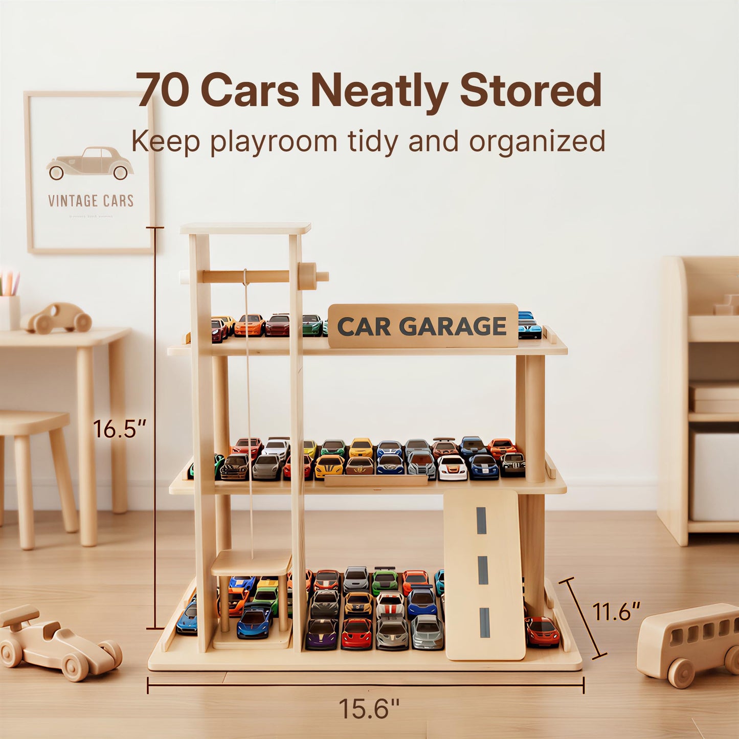Woodtoe Wooden Display Case for Hot Wheels & Matchbox, 1/64 Scale Diecast Toy Car Display Shelf for 70 Cars, Toy Car Parking Garage Rank with Ramp & Lift, Model Toy Cars Storage Organizer for Kids 3+