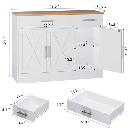 Shintenchi Modern Farmhouse Sideboard Buffet Cabinet with Storage with 3 Doors,42" Barn Doors Buffet Cabinet with Storage, Wood Coffee Bar Cabinets with Adjustable Shelf for Kitchen Living Room,White
