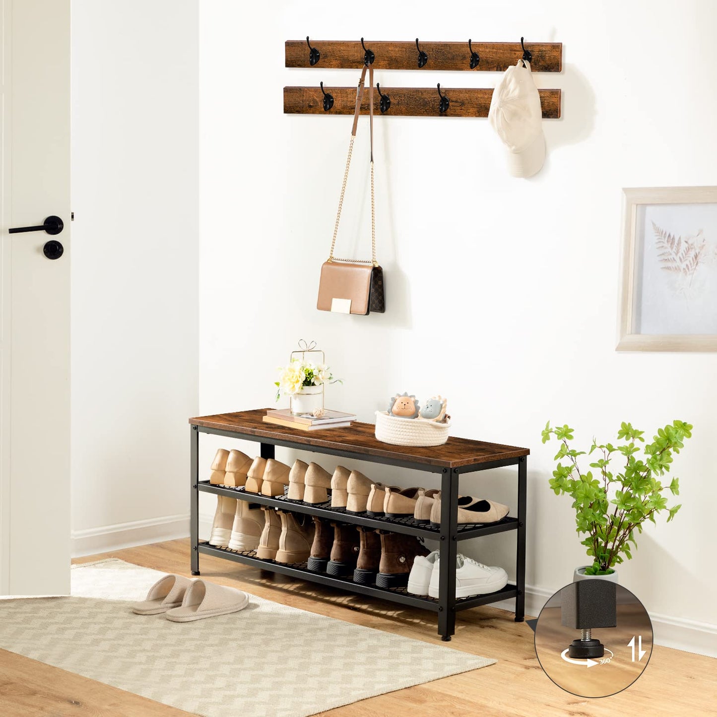 HOOBRO Extra Large Hall Tree with Shoe Bench and Coat Rack, Wood and Metal, 39.4"L x 14"W x 71.7"H