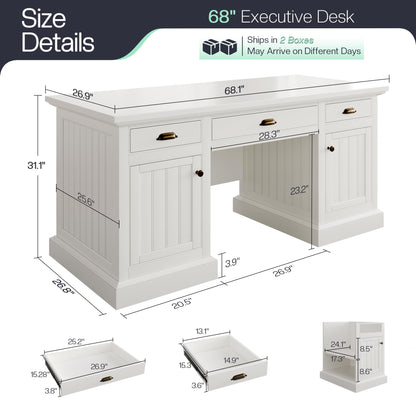 Jocisland 68" Executive Desk for Home Office & Study, Fluted Panel Computer Table with 3 Drawers and 2 Cabinets, Farmhouse Writing Desk – Pure White