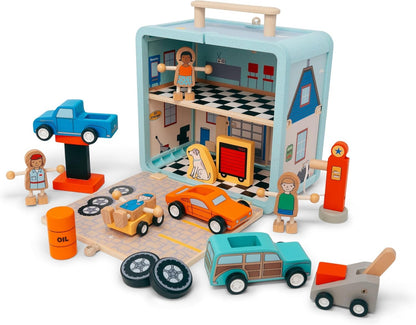 Jack Rabbit Creations Auto Garage Suitcase Playset, Portable Carry Case Style, Multicolor, 16 Eco-Friendly Wooden Figures, Mechanics, Cars & Car Lifts, Gas Pump, Oil Can, Tires, Travel Toy, Ages 3+