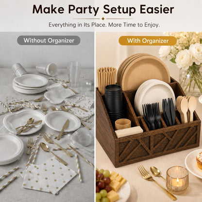 Seerova Living Premium 6 Compartment Wooden Paper Plate and Utensil Organizer – Heavy Duty Silverware & Napkin Caddy for Party, Picnic, BBQ, Kitchen Countertop, Vanity Makeup Storage