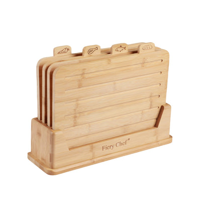 Fiery Chef 12.6"L x 9"W Bamboo Cutting Board Set of 4 - Wood Cutting Board Set with Holder, Chopping Boards Set with Food Icons, Juice Groove - Ideal for Meat, Fish, Bread, Vegetable, Fruit Chopping