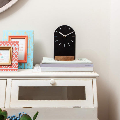 SOFFEE DESIGN One-Piece Table Clock Iron Sheet with Wooden Base Ins Style, Desktop Clock Non Ticking Battery Operated for Living Room Bedroom Home Decor, Black