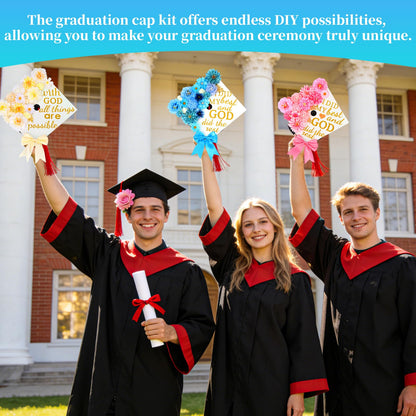 66Pcs Graduation Cap Decorations Graduation Cap Decorations kit Included Faux Flower Heads3D Butterfly Stickers for DIY Grad Cap Topper Grad Party Decor(Blue)