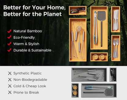 Long Bamboo Kitchen Drawer Organizer Boxes – 17" x 6" Stackable Wood Silverware Utensil Tray for Drawers Bins Cutlery & Flatware Storage – Wooden Pantry Organizers Set of 2 for Junk Drawer Bathroom Rv