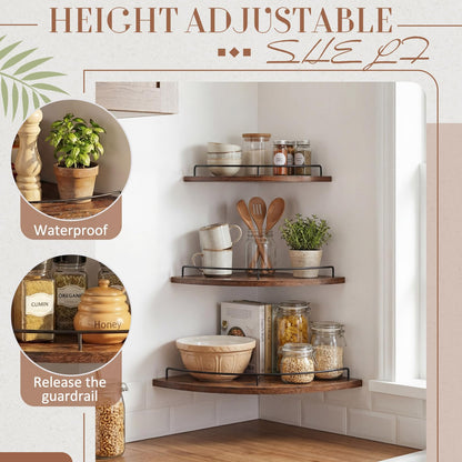 Novabright Corner Floating Shelf Set of 3 Rustic Brown Wood 9/10/12 in Corner Shelves Wall Mounted with Guardrail & Cord Hole Hanging Storage Display Shelves for Bedroom Kitchen Living Room Bathroom