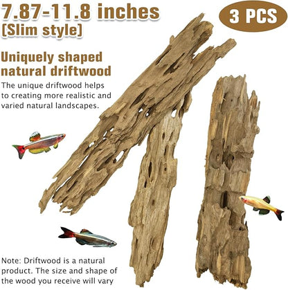 PINVNBY Natural Driftwood for Aquarium Large Reptile Terrarium Decor Decorations Assorted Branches Dearded Dragon Tank Accessories (Slim Style: 7.87-11.8 inches/3 Pack)