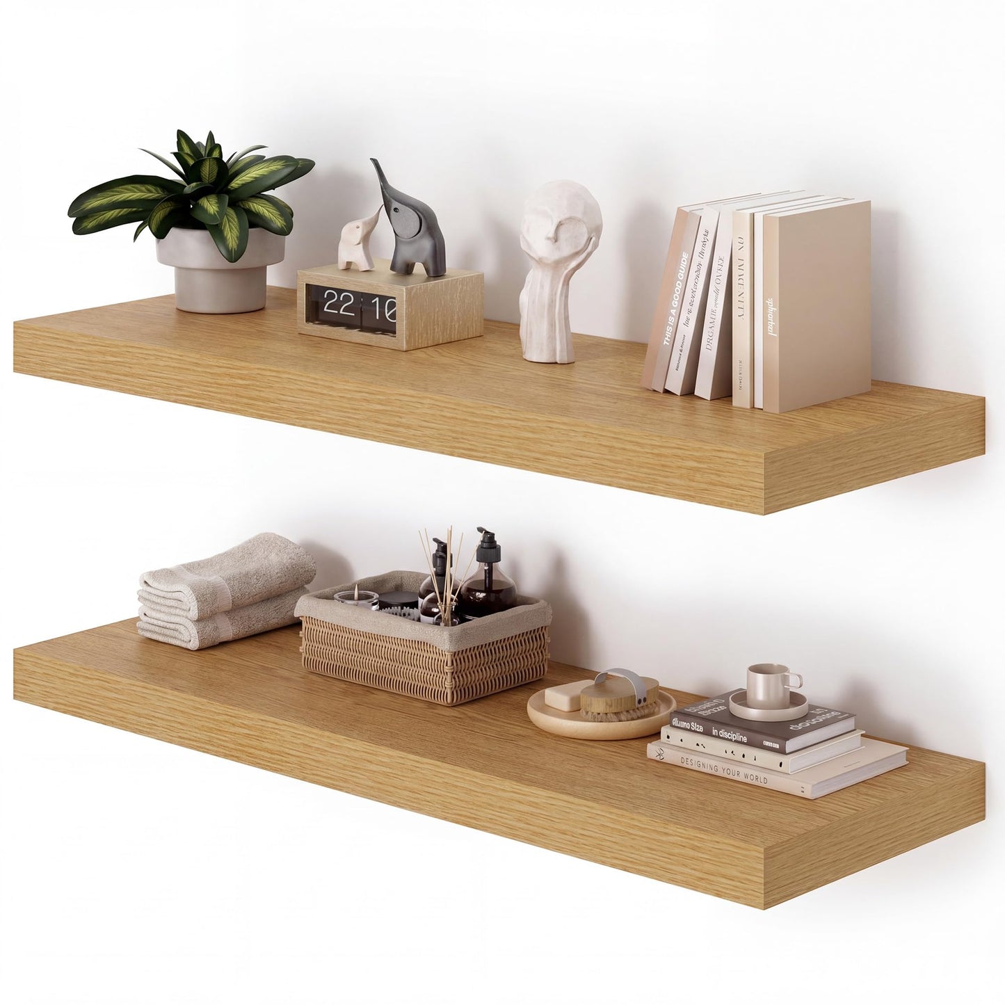 Heimlove 36 Inch Wall Shelf Bathroom Shelves Set of 2, 12" Deep Floating Shelves for Wall, Wall Mounted Shelves for Books Living Room Laundry Room Bedroom Kitchen Home Office, Oak