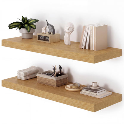Heimlove 36 Inch Wall Shelf Bathroom Shelves Set of 2, 12" Deep Floating Shelves for Wall, Wall Mounted Shelves for Books Living Room Laundry Room Bedroom Kitchen Home Office, Oak
