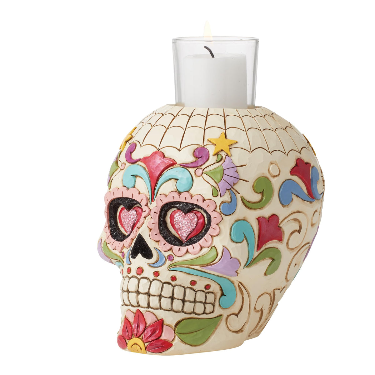 Enesco Jim Shore Heartwood Creek Four Seasons Day of The Dead Skull Votive Candleholder Without Candle, 5.5 Inches, Glass, Stone Resin, Witches, Zombies
