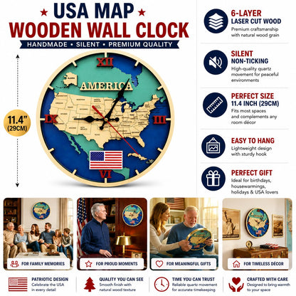 VIVUMAP Wooden Wall Clock USA Map Design 11.4 Inch Silent Non-Ticking, Handcrafted 6-Layer Laser Cut Wood with Gold Frame, Premium Decorative Wall Clock for Living Room, Bedroom, Office