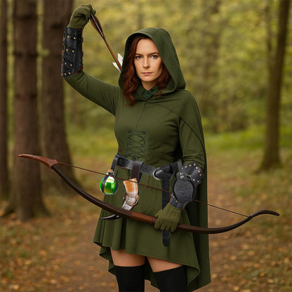 SUMGOGO 8 Pcs Renaissance Womens Costume Medieval Hooded Robe Belt Pouch Arm Bracers Hook Potion Bottole DIY Festival Accessory (Green-Black, M)