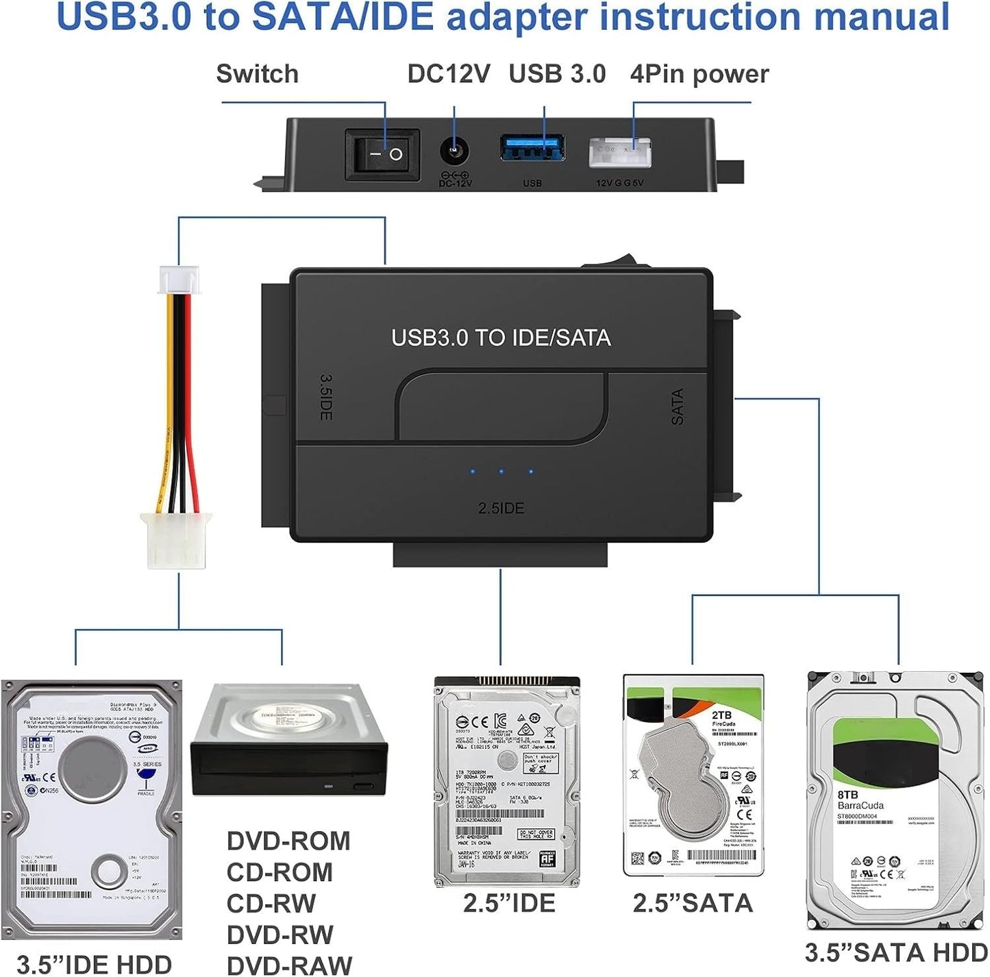 USB 3.0 to SATA IDE Hard Drive Reader, YINNCEEN External Hard Drive Ultra Recovery Converter Universal Hard Drive Adapter Kit for 2.5/3.5 HDD/SSD Hard Drive Disk, Include 12V/2A Power Adapter