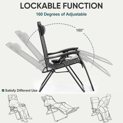 NEWBULIG Zero Gravity Chair Set of 4, Lounge Chair Folding Portable Adjustable Camping Reclining Chairs with Adjustable Pollow, Mesh Back, Cup Holder Trays Lawn Patio Chair for Pool Beach - Black