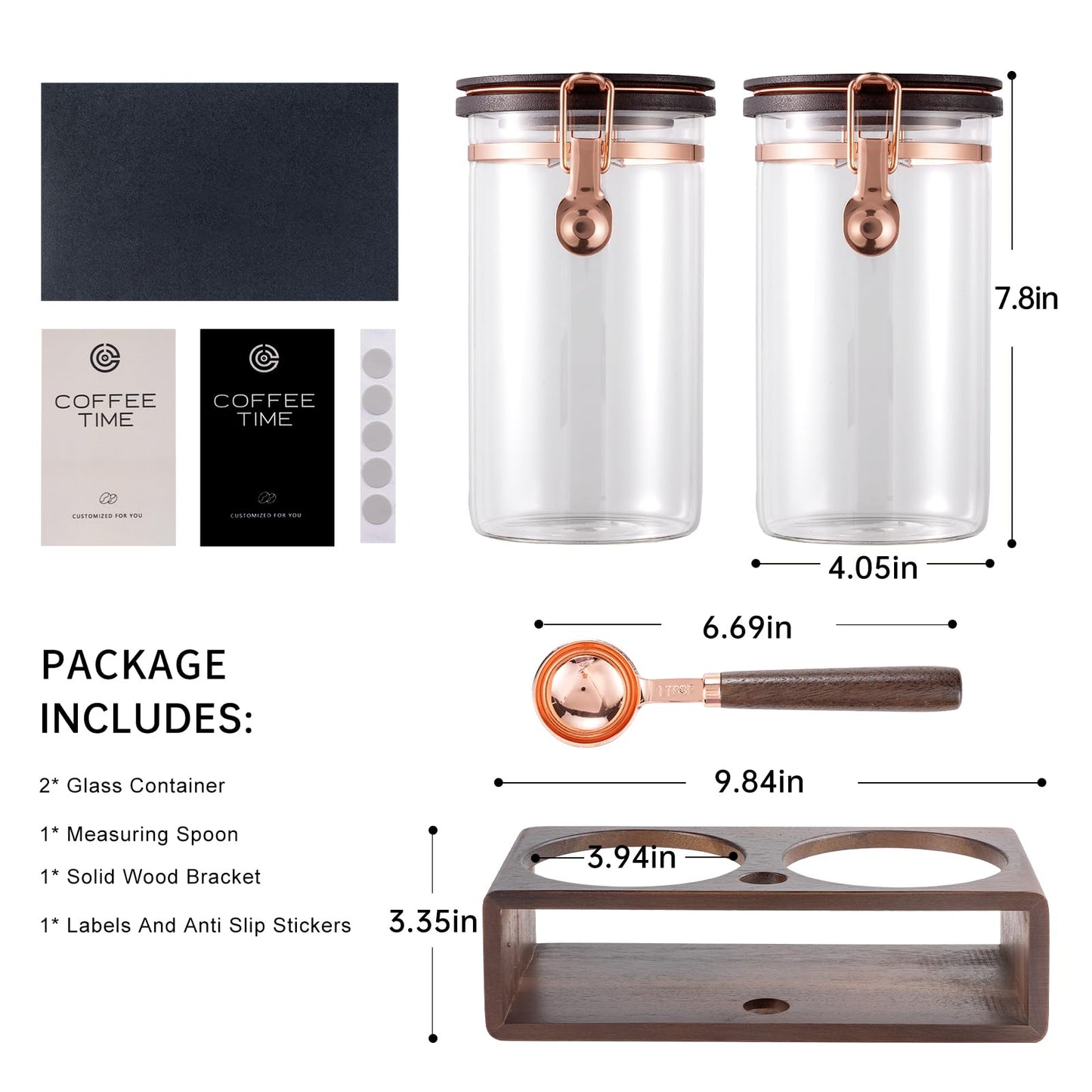 Flmeyaza Glass Coffee & Sugar Canister Set, 2×45OZ Airtight Glass Storage Jars with Wooden Shelf and Scoop, Airtight Food Containers for Coffee Beans, Ground Coffee, Sugar and Tea（Rose Gold）