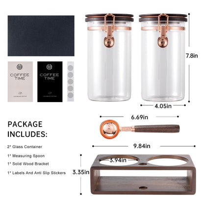Flmeyaza Glass Coffee & Sugar Canister Set, 2×45OZ Airtight Glass Storage Jars with Wooden Shelf and Scoop, Airtight Food Containers for Coffee Beans, Ground Coffee, Sugar and Tea（Rose Gold）