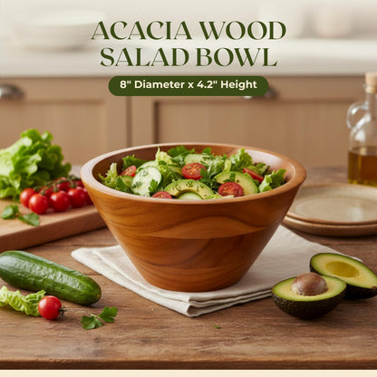 Aurah Acacia Wood Salad Bowl, 8" Diameter x 4.2" Height – Small Wooden Mixing & Serving Bowls for Salad, Pasta and Fruits – Kitchen & Outdoor Dining - Capacity 2.3 Quarts