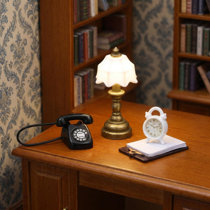 Garneck Miniature Dollhouse Accessories Kit: Tiny Phone Alarm Clock Table Lamp Writing Pad Furniture Decor for Doll House Scenes Library Office Living Room DIY Craft Mini Home Ornament