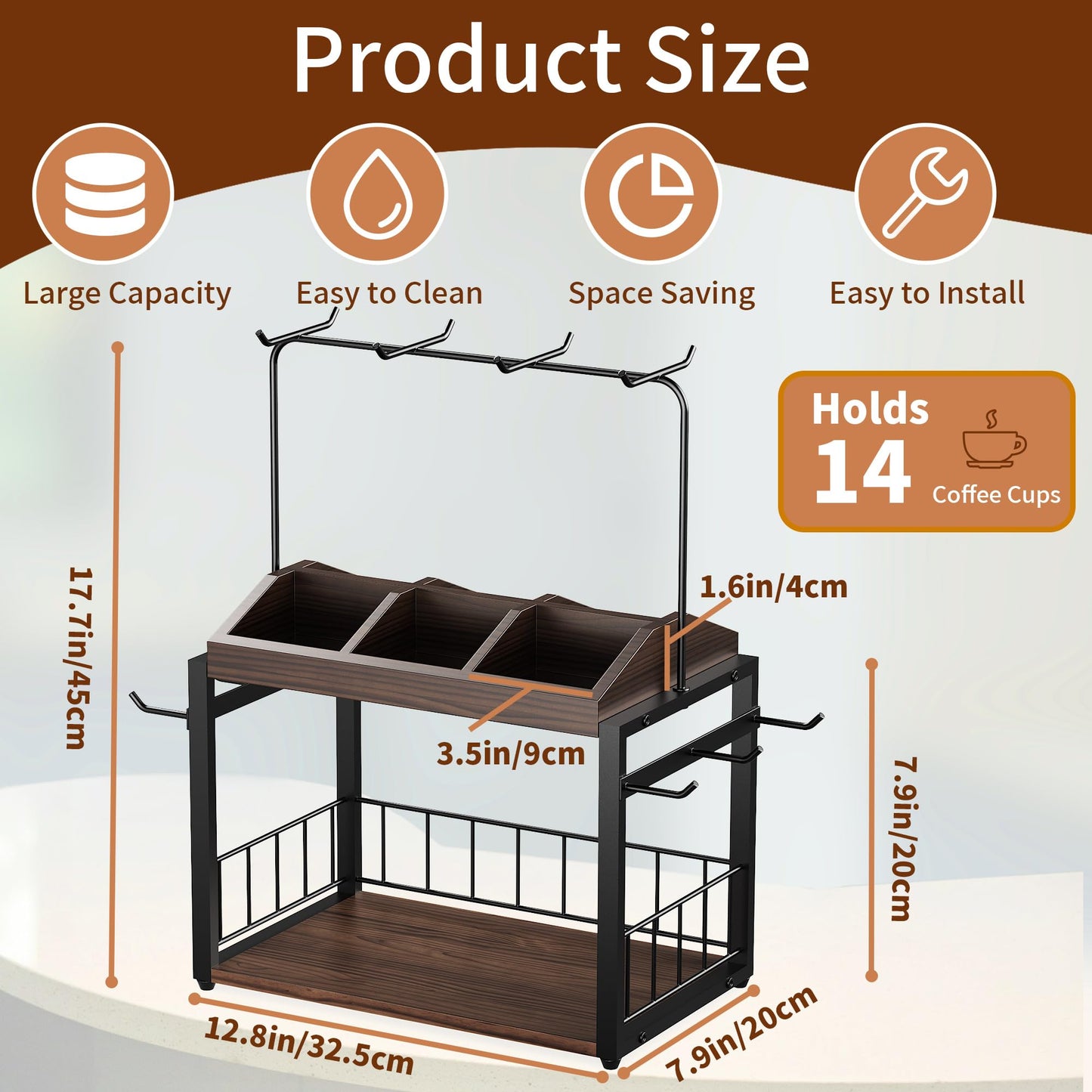 IUMLXJO 2 Tier Coffee Bar Accessories Organizer, Wooden Coffee Mug Rack Holder with 6 Cup Coffee Pod Box,14 Hooks, Metal Kitchen Shelf Organizer for Accessories Station Countertop