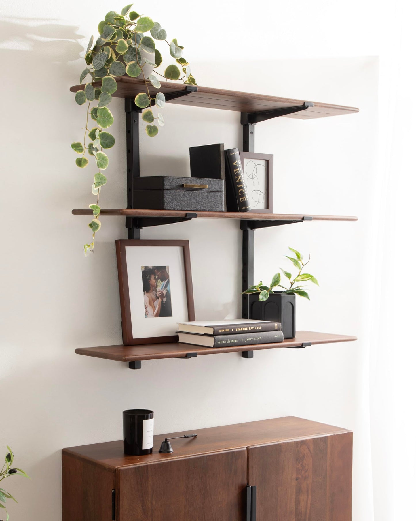 Kate and Laurel Atwood Three-Tiered Adjustable Mango Wood Wall Shelf, 32 x 10 x 30, Walnut Brown and Black, Modular Shelving Unit and Wall Organizer for Entryway Storage or Living Room Display Shelves